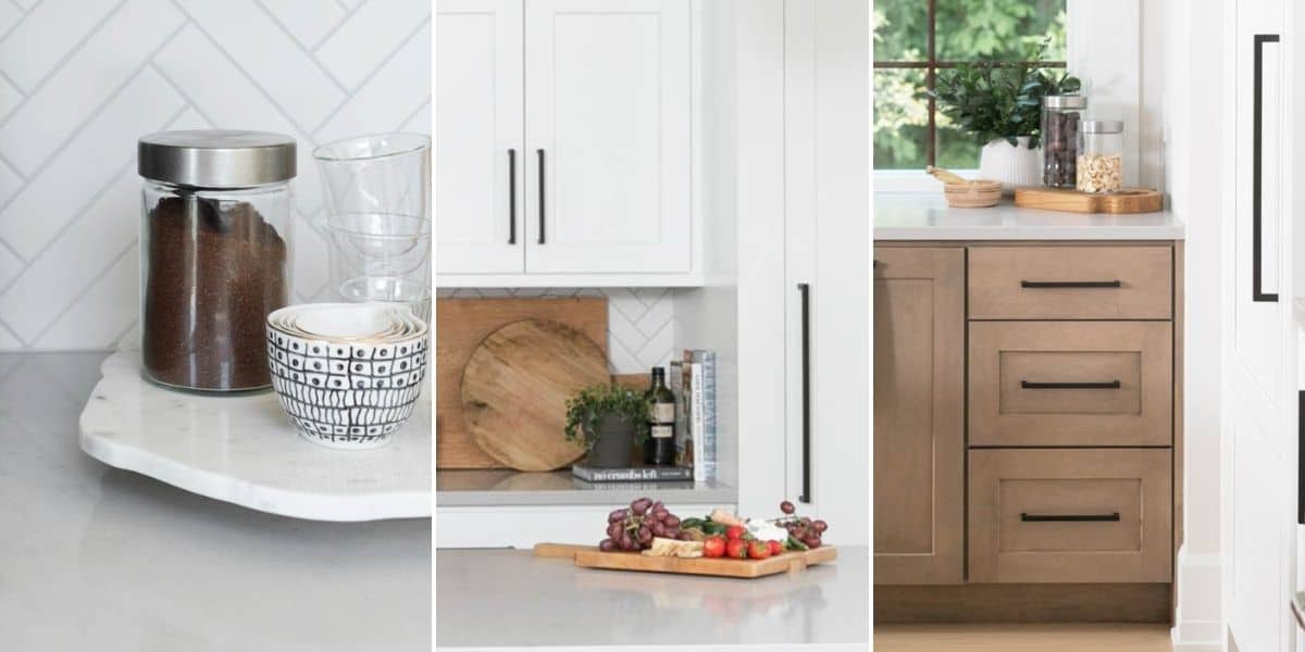 3 image collage showing the details in the kitchen - countertops, handles and hardware