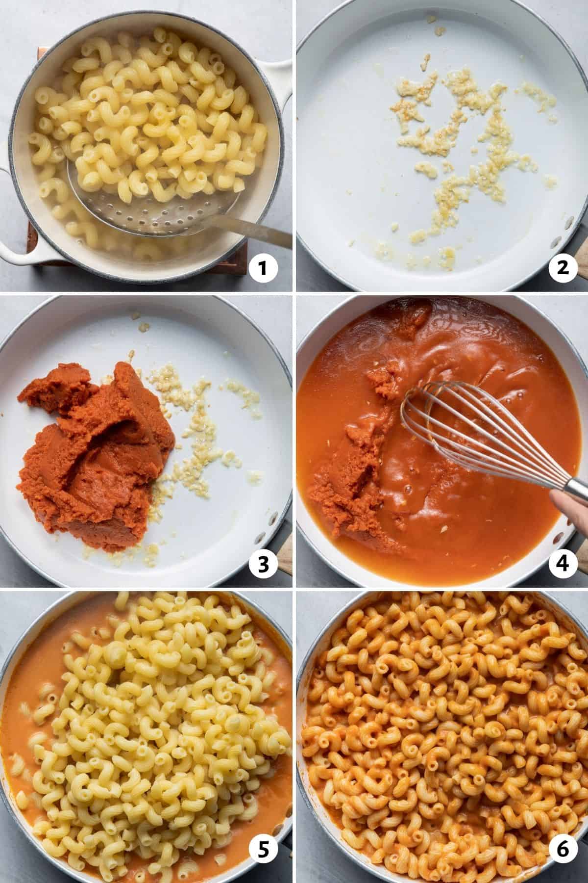 6 image collage to show how to make the pasta recipe, first by cooking pasta, then by making the sauce and putting it all together