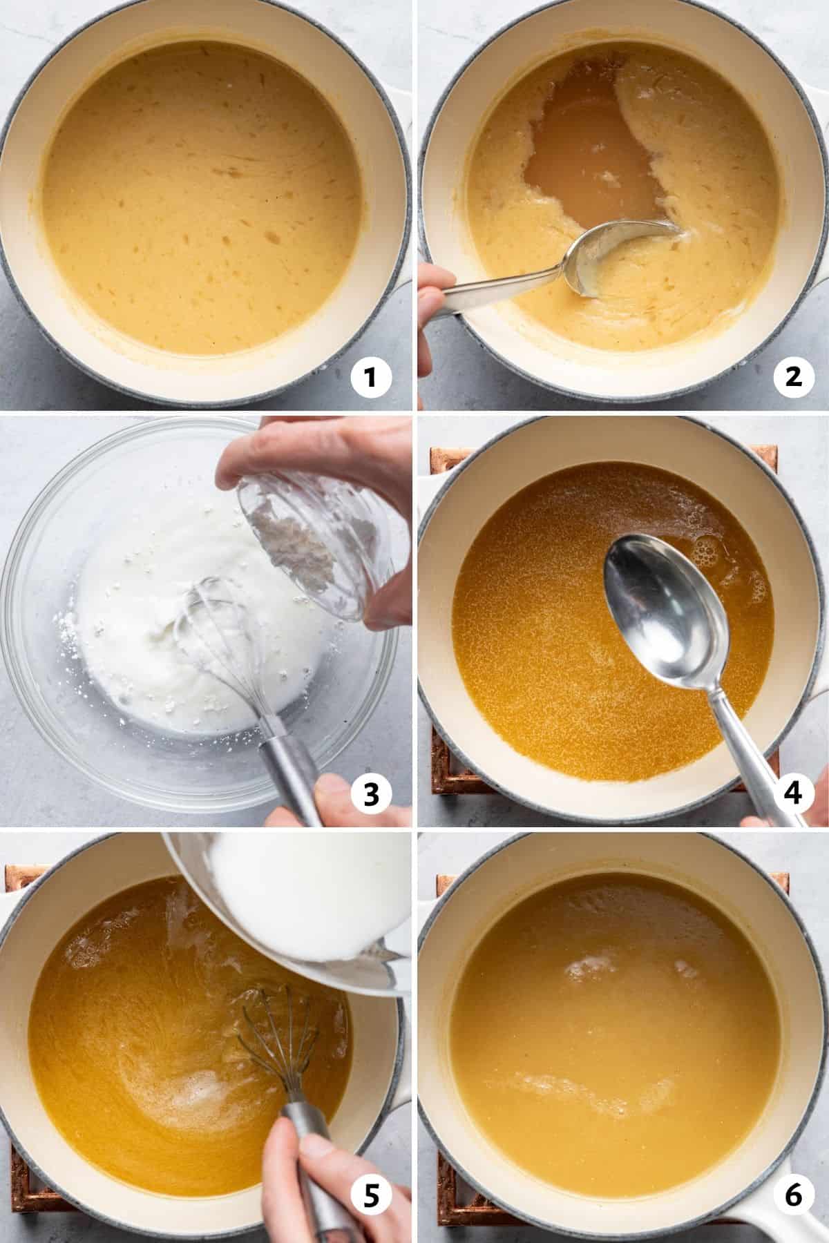 6 image collage to show how to make the recipe in a pot