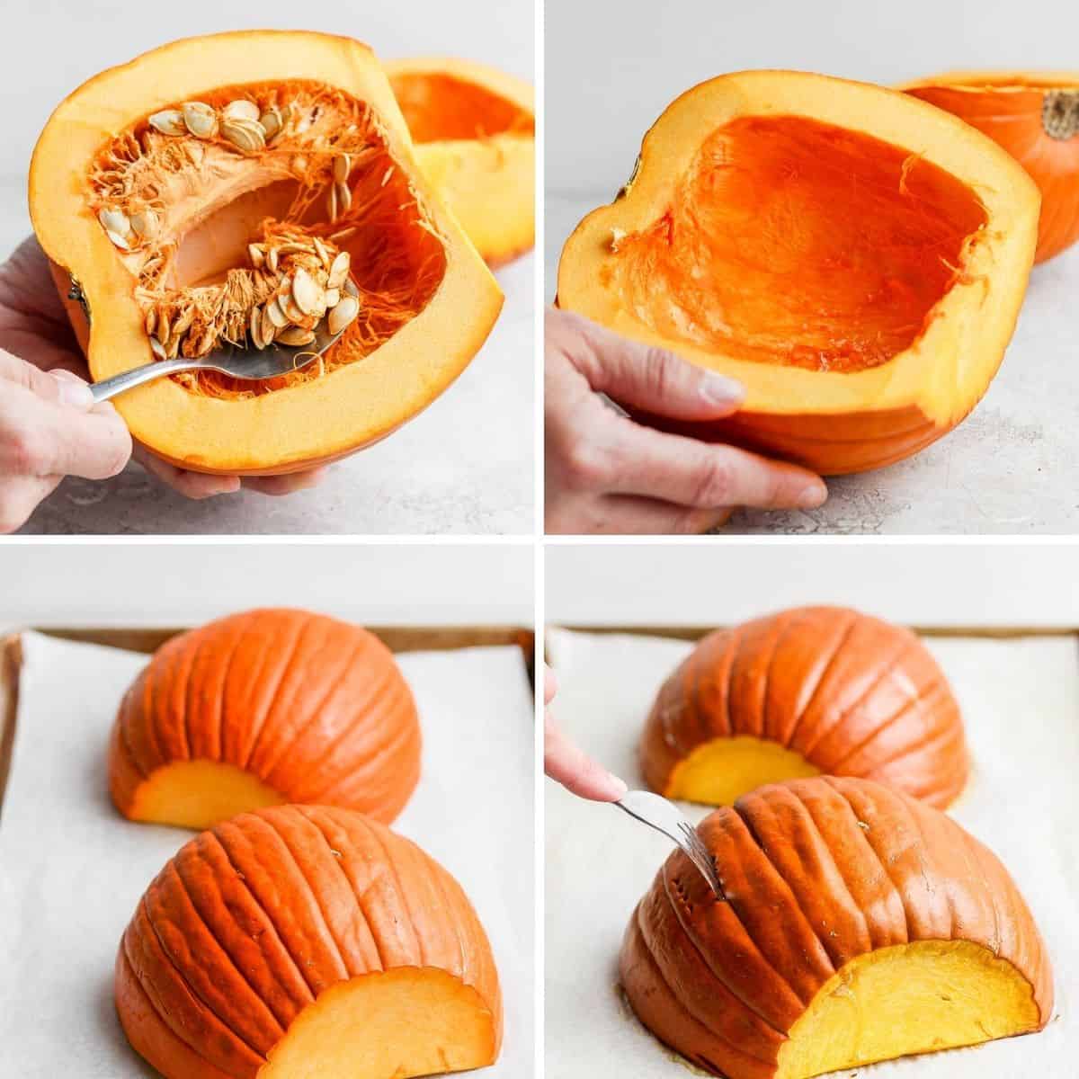 4 image collage to show how to clean the pumpkin seeds from a small pumpkin and then roast it