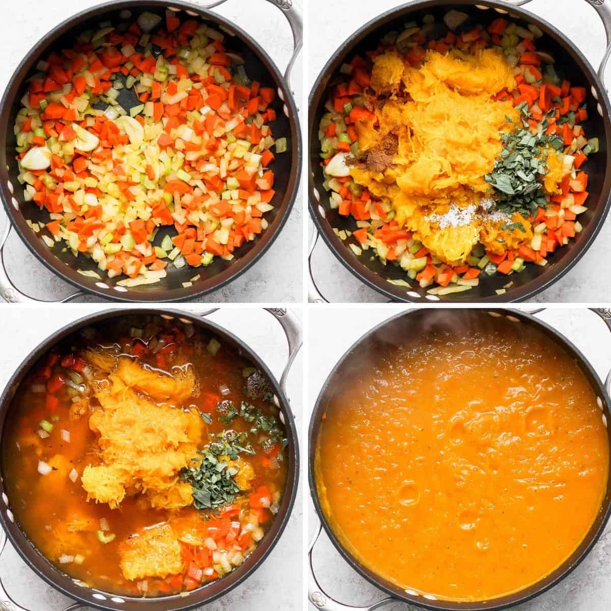 4 image collage to show how to make the soup in one pot
