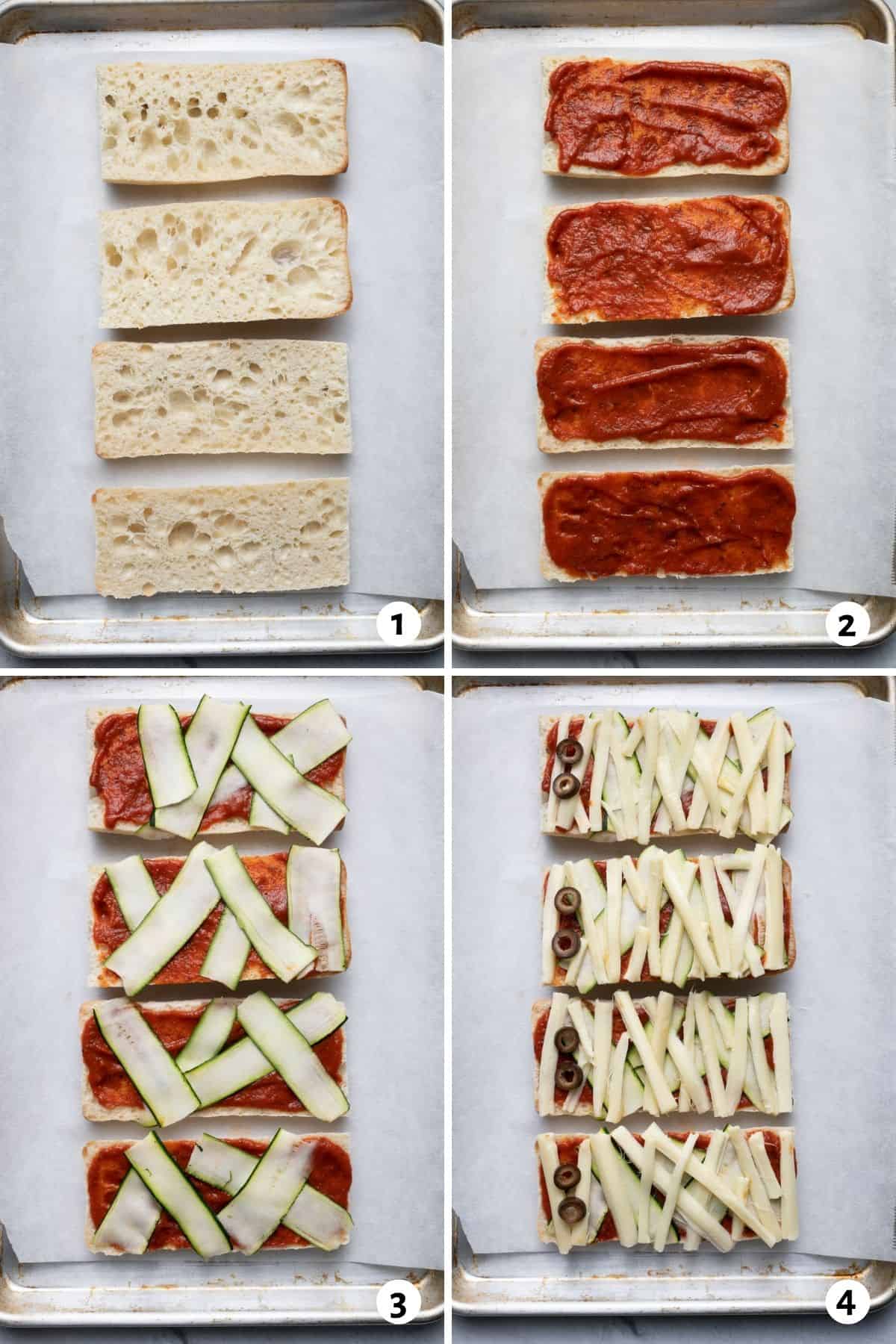 4 image collage to show how to layer the bread to make the pizza