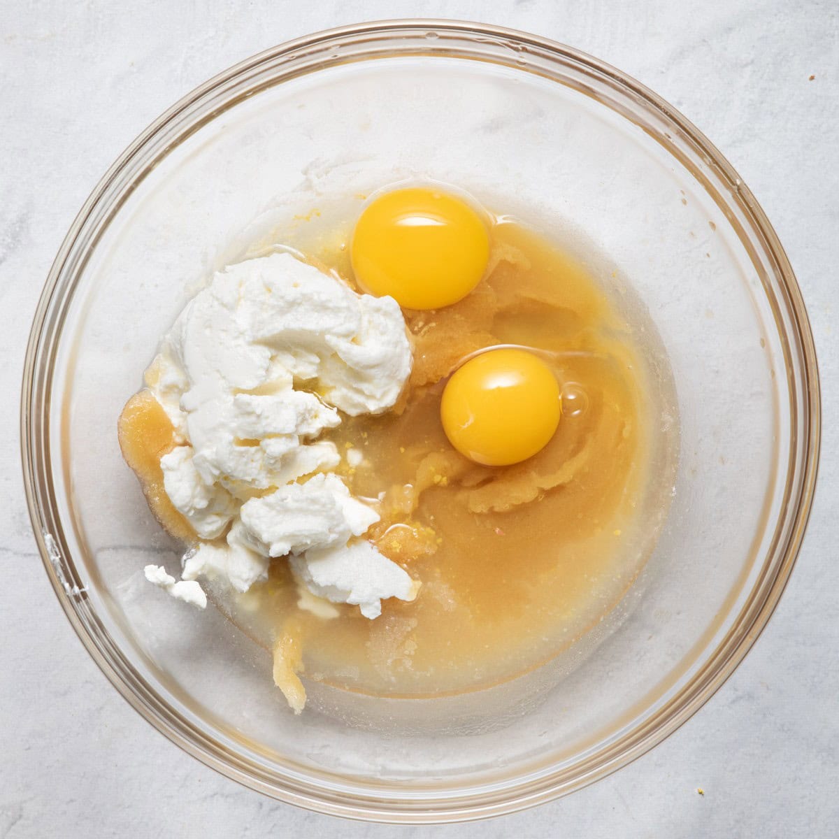 Eggs, greek yogurt, lemon juice and lemon zest added.