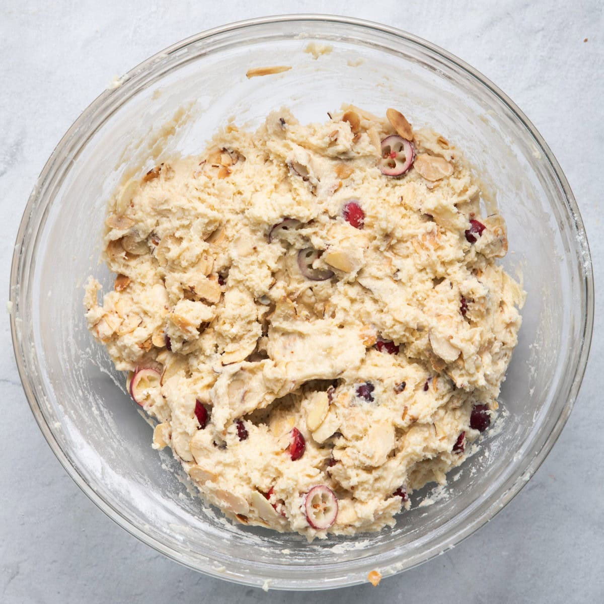 Flour blended, cranberries and almonds folded in.