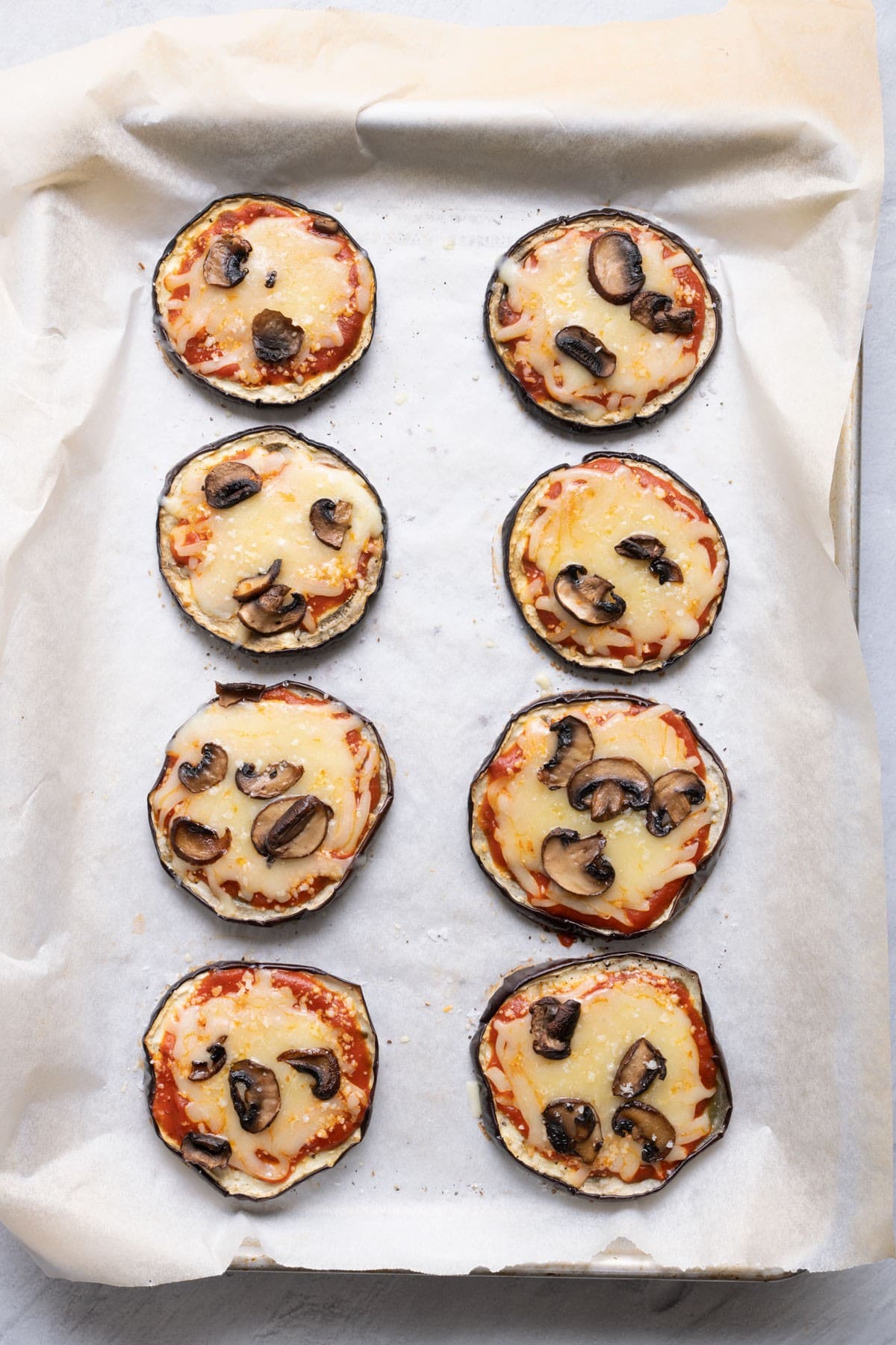 Eggplant pizzas after baking.