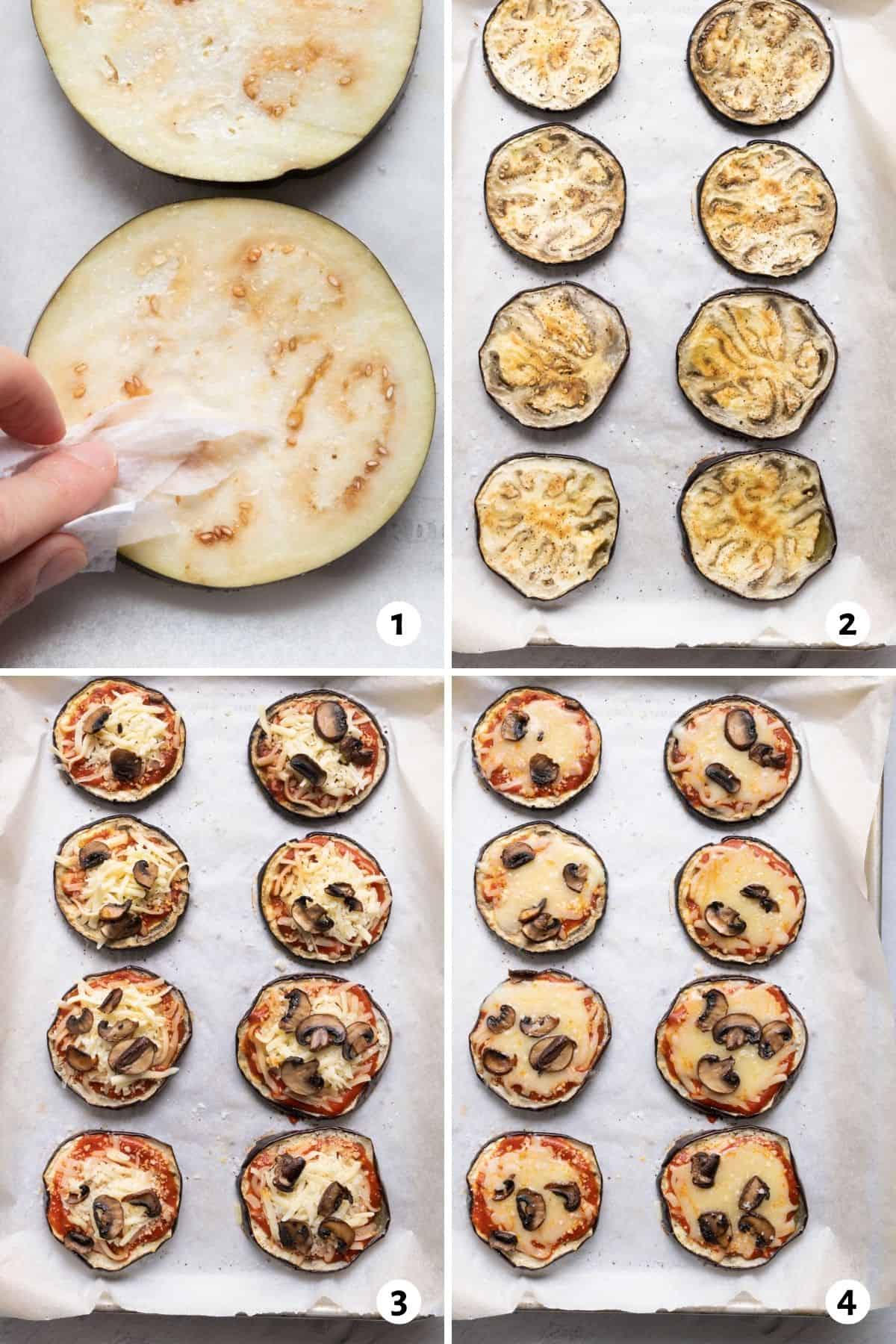 4 image collage to show how to sweat the eggplant, cook it, then add toppings and finish it off