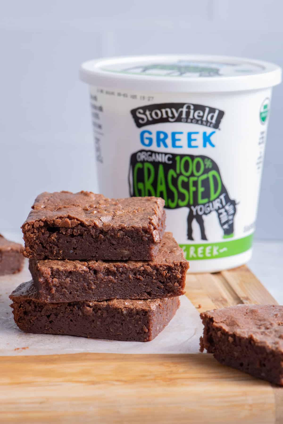 Stack of 3 brownies made made with Stonyfield organic yogurt