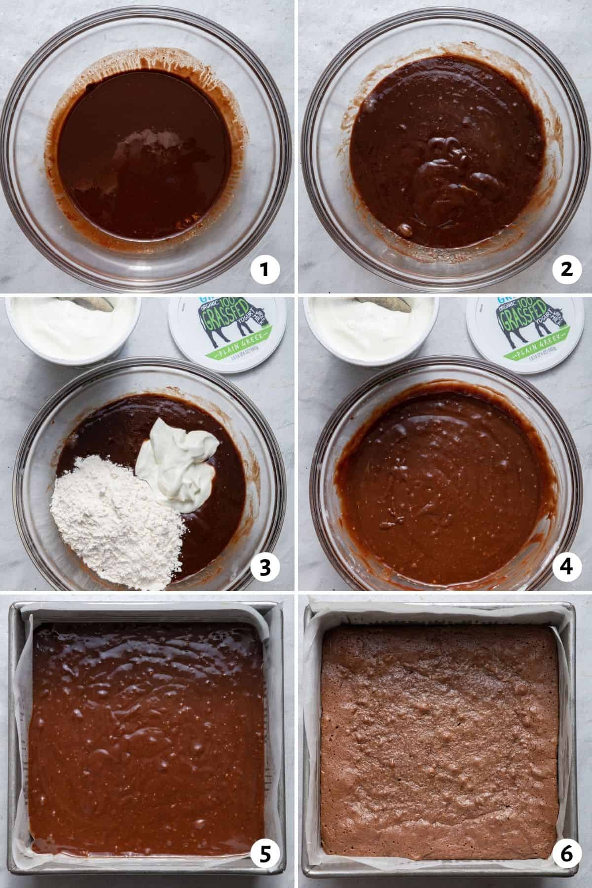 6 image collage to show the steps for mixing the batter, then the batter transferred to the baking pan and then baked