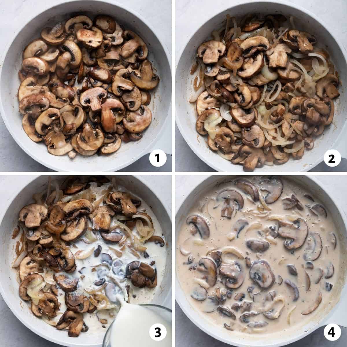 4 image collage to show how to make the cream of mushroom soup