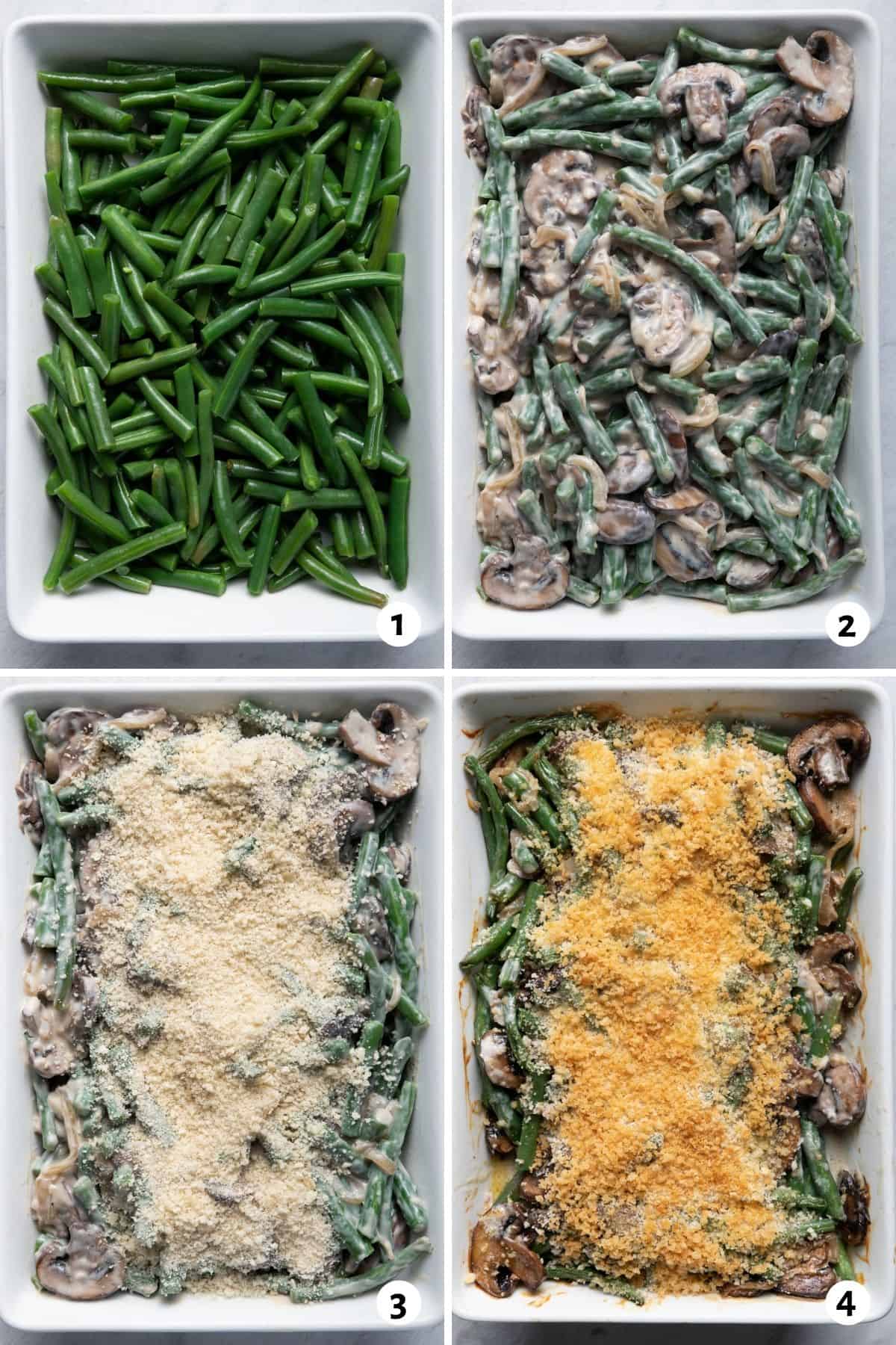 4 image collage to show how to assemble the green bean casserole in a baking dish with the cream of mushroom soup and panko breadcrumbs