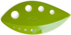 Green herb stripper with holes for stripping leaves from stems in seconds.