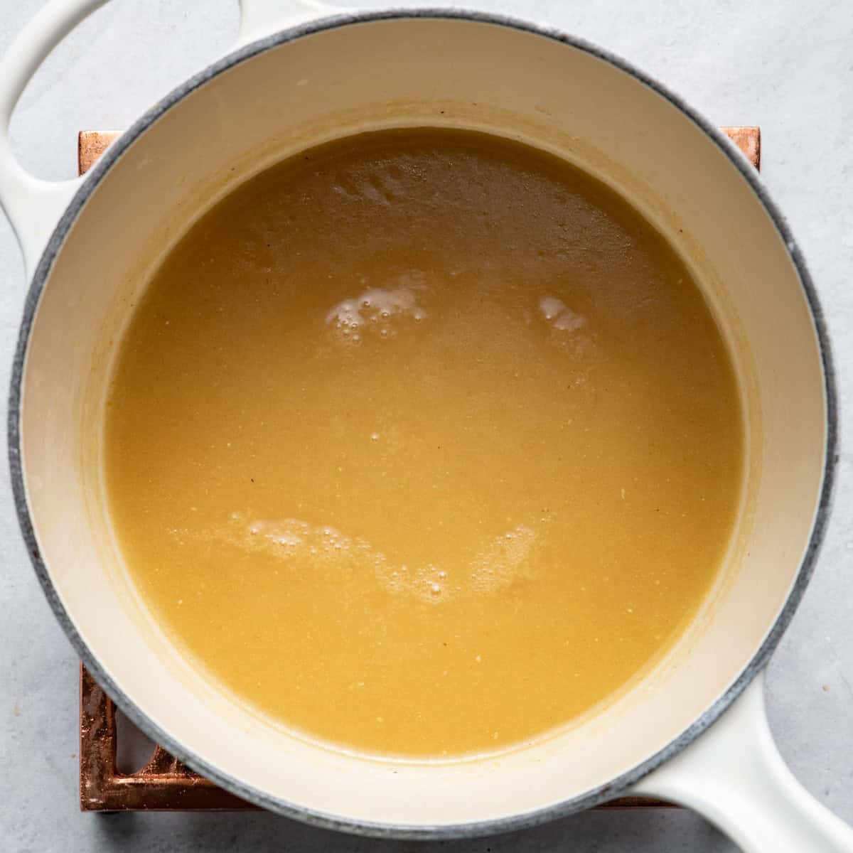 Thickened gravy in the pot.