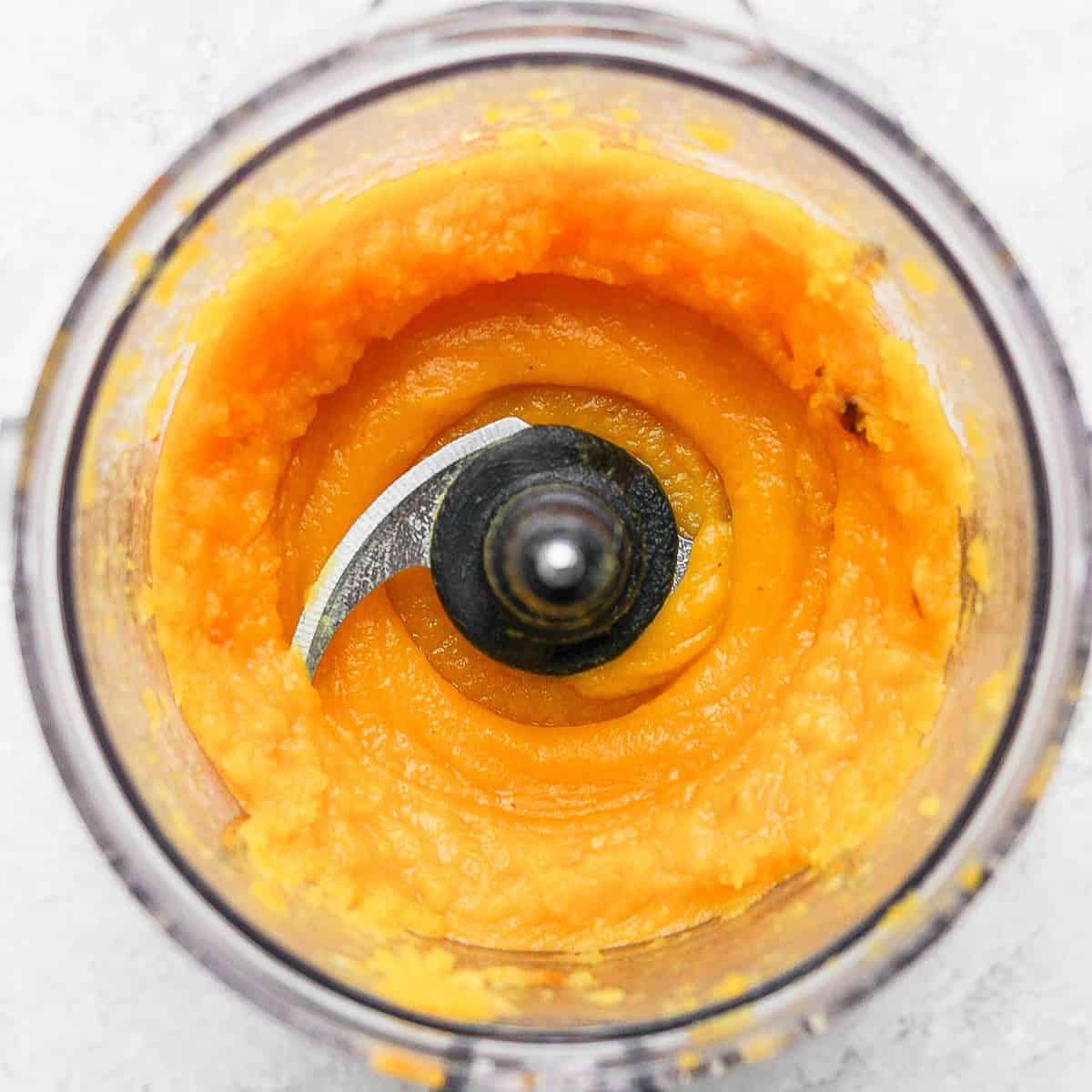Pumpkin flesh in food processor before blending.