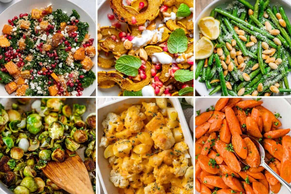 6 image collage of vegetable side dish ideas.