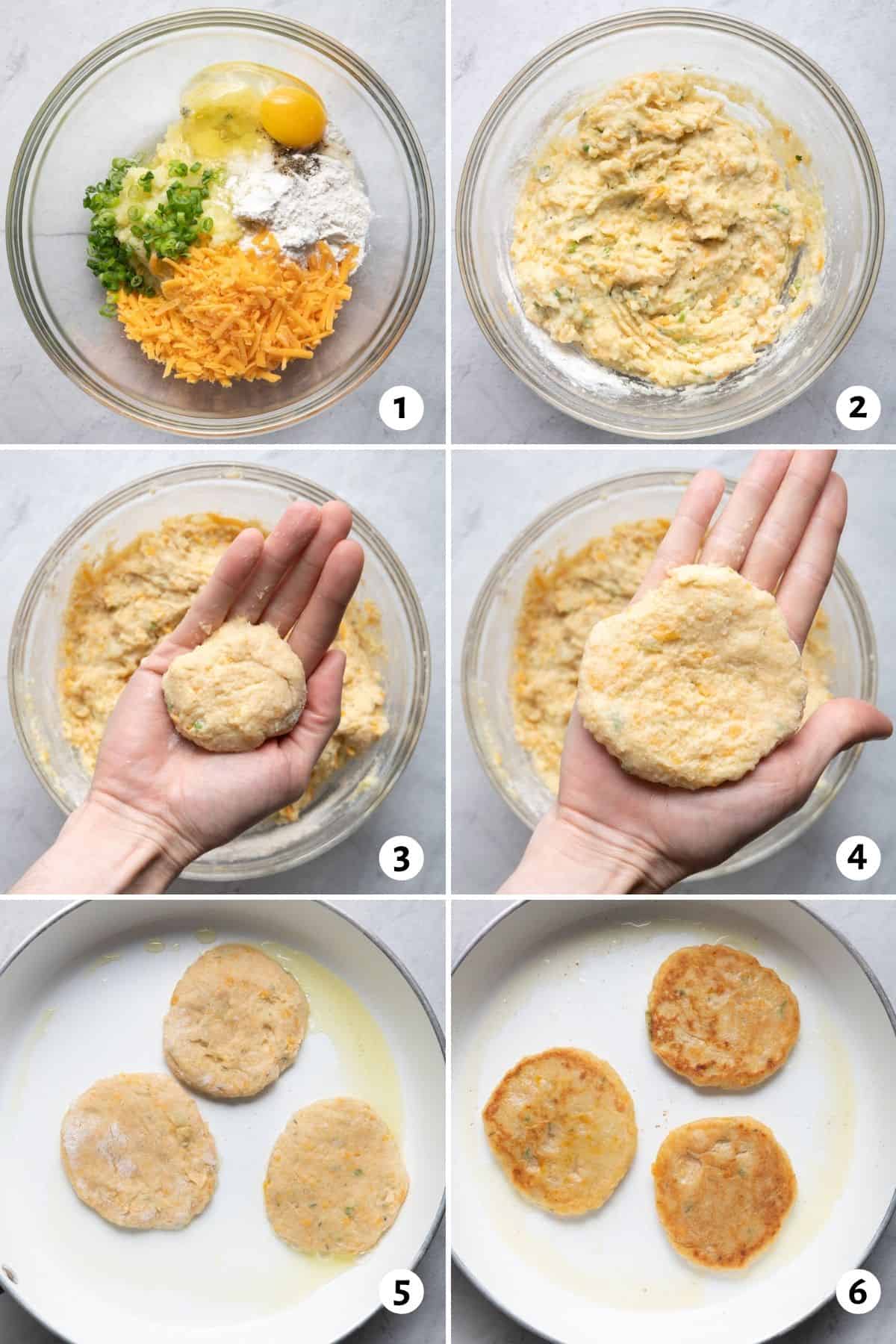 6 image collage to show the ingredients before and after mixing, shaping the pancakes and then frying them in a skillet