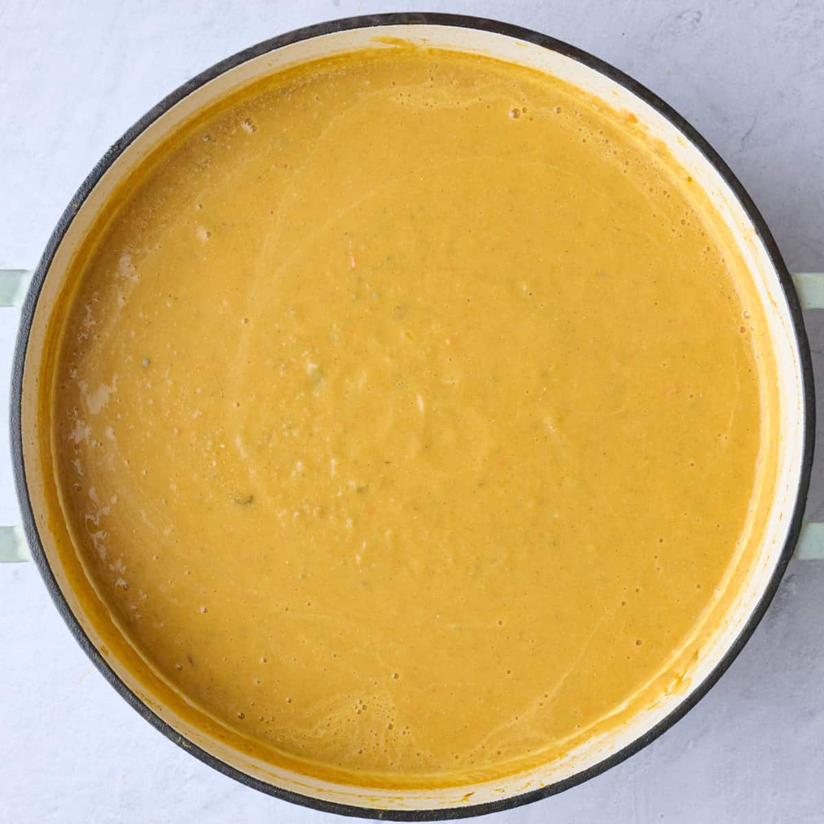 The pot of soup after fully blending it.