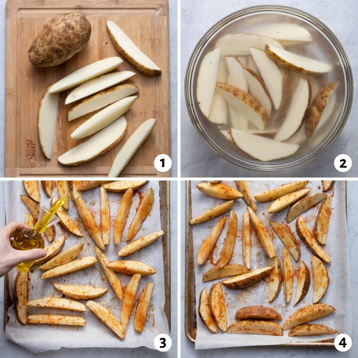 4 image collage that shows cutting potatoes, soaking, seasoning and then baking