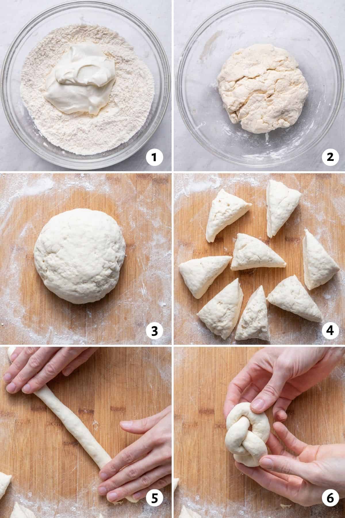 6 image collage to show how to mix the dough, knead, roll and shape it