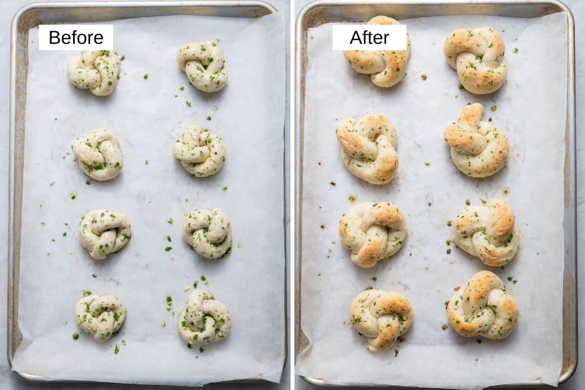 2 image collage of the garlic knots before and after baking