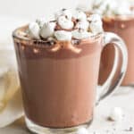 Glass of hot chocolate topped with mini marshmallows