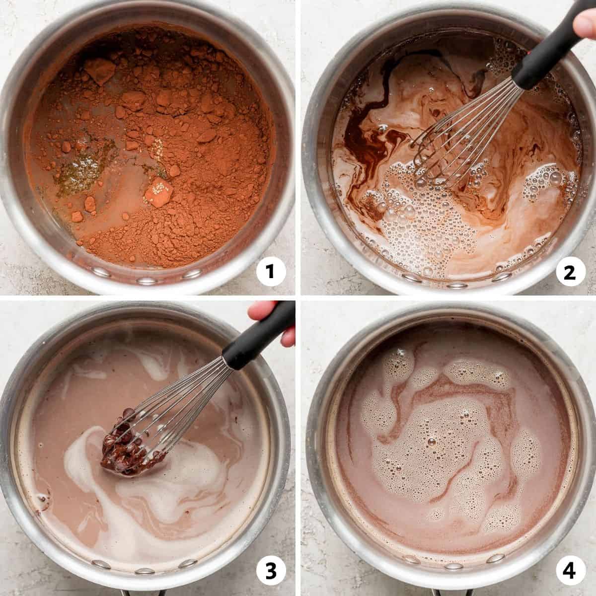 4 image collage to show how to make hot chocolate from scratch