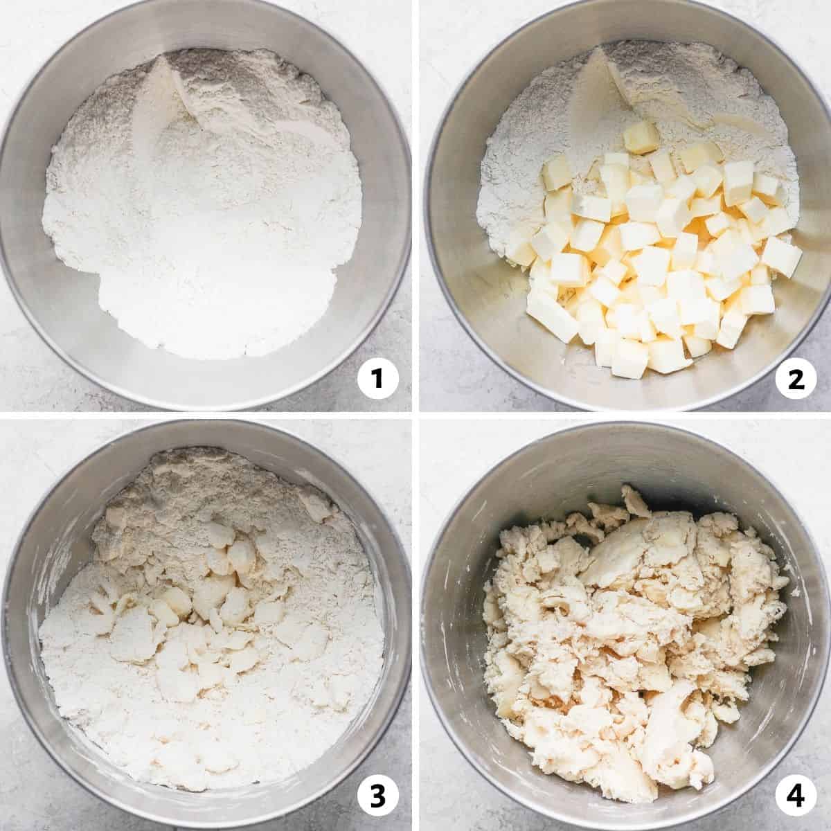 4 image collage to show how to mix the ingredients for pie crust