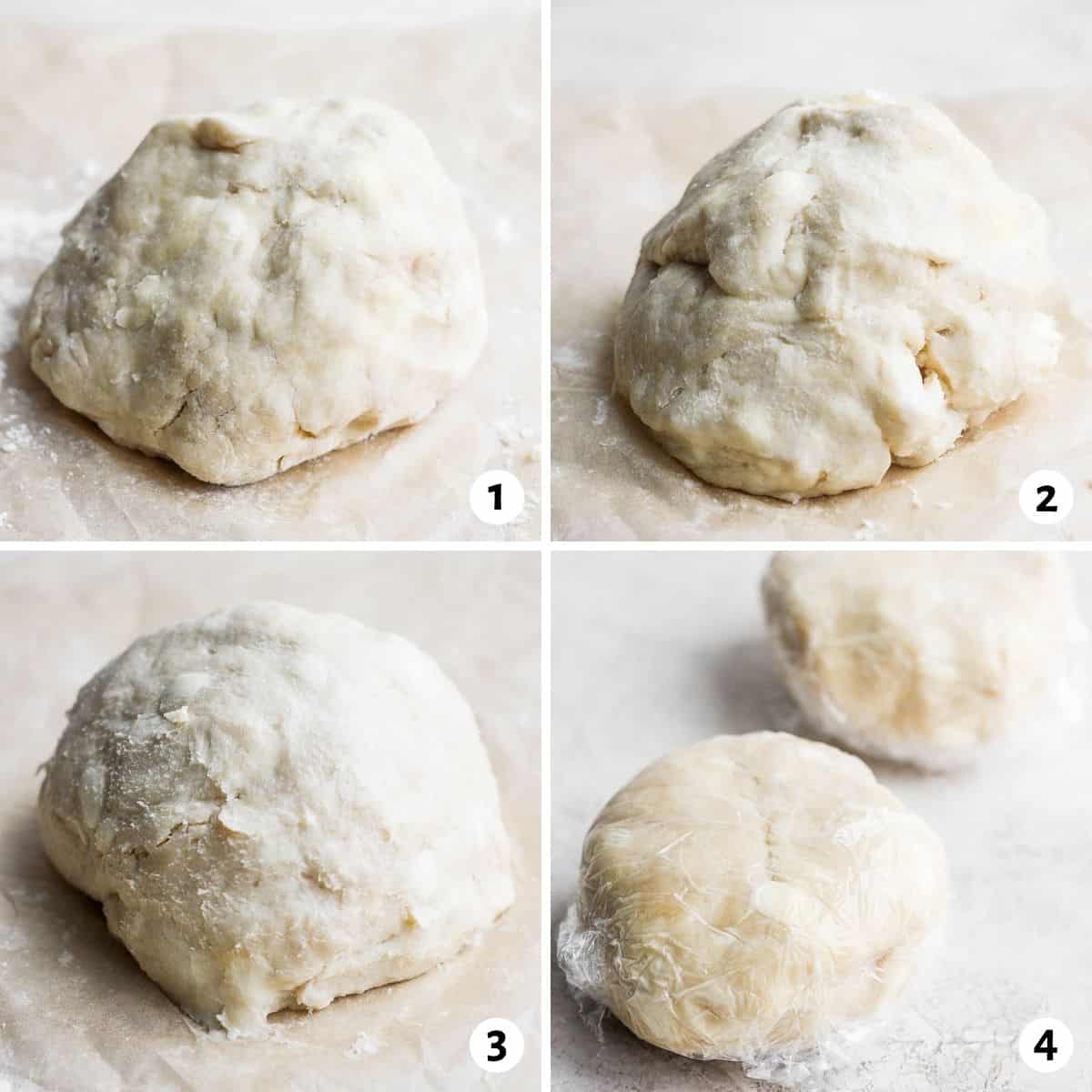 4 image collage to show how to knead the dough and divide into two