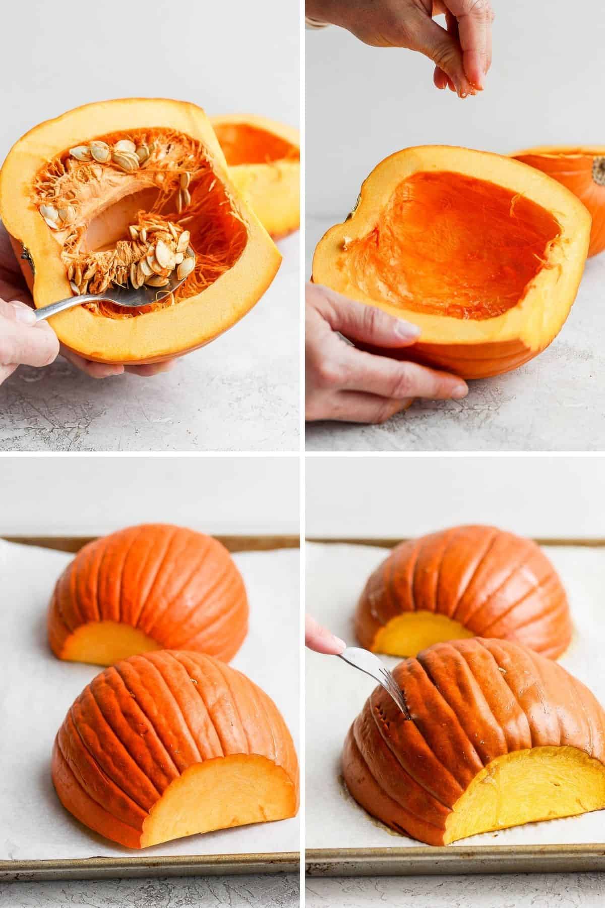 4 image collage to show how to scoop seeds, season and roast pumpkin