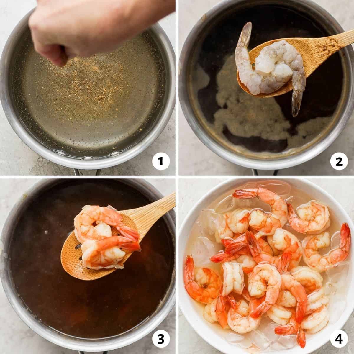 4 image collage to show how to cook the shrimp