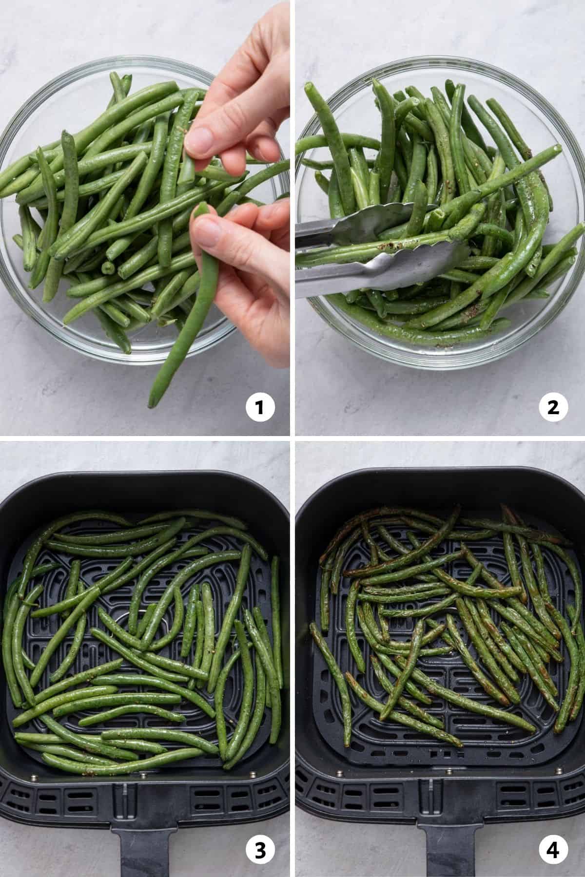 4 image collage to show how to cook green beans in the air fryer