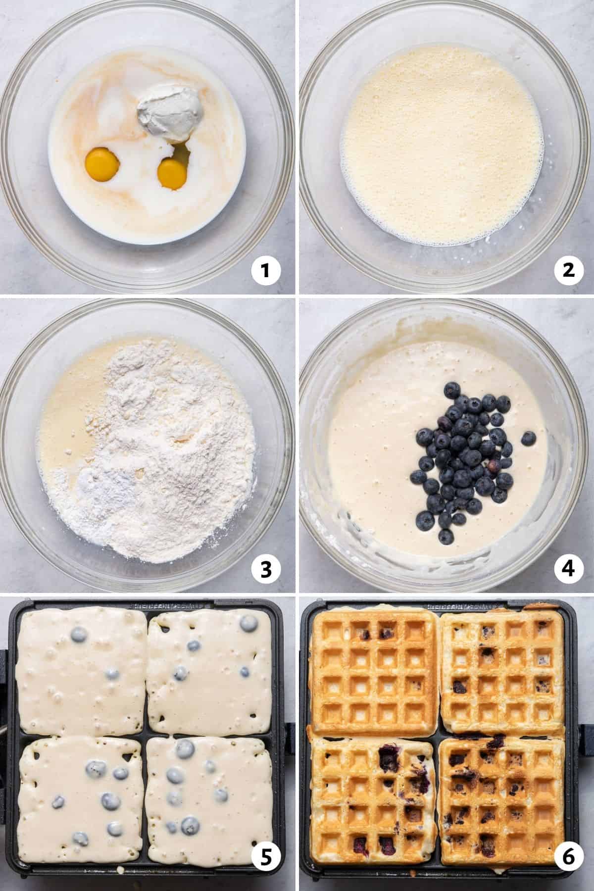 6 image collage to show the waffle batter, then adding the blueberries and then cooking