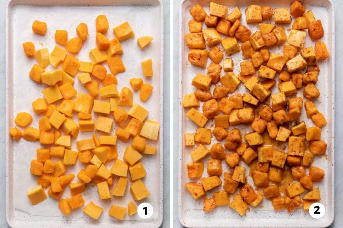 2 image collage to show the butternut squash before and after seasoning