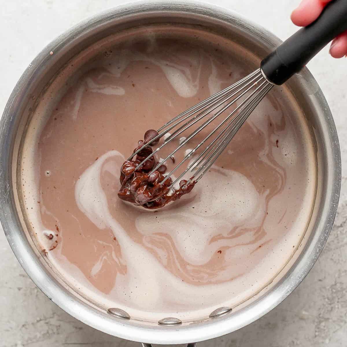 Whisking in the chocolate chips, as they begin to melt, some chips still showing.
