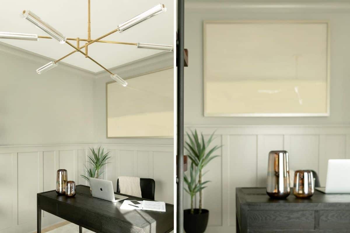 2 image collage to show the chandelier and wall art in office