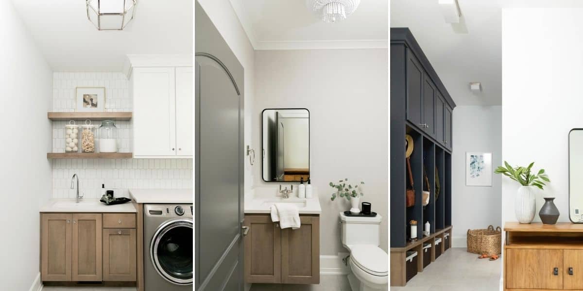 3 image collage to show the laundry room, powder room and mudroom