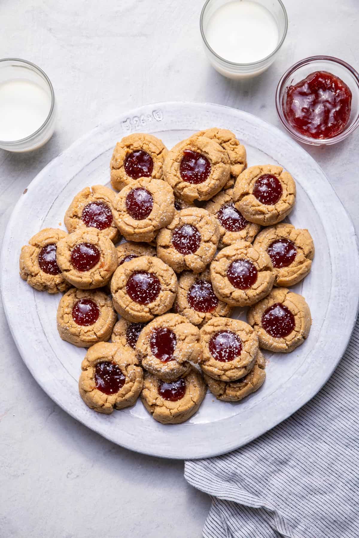 Plate of the peanut butter jam thumbprint cookies