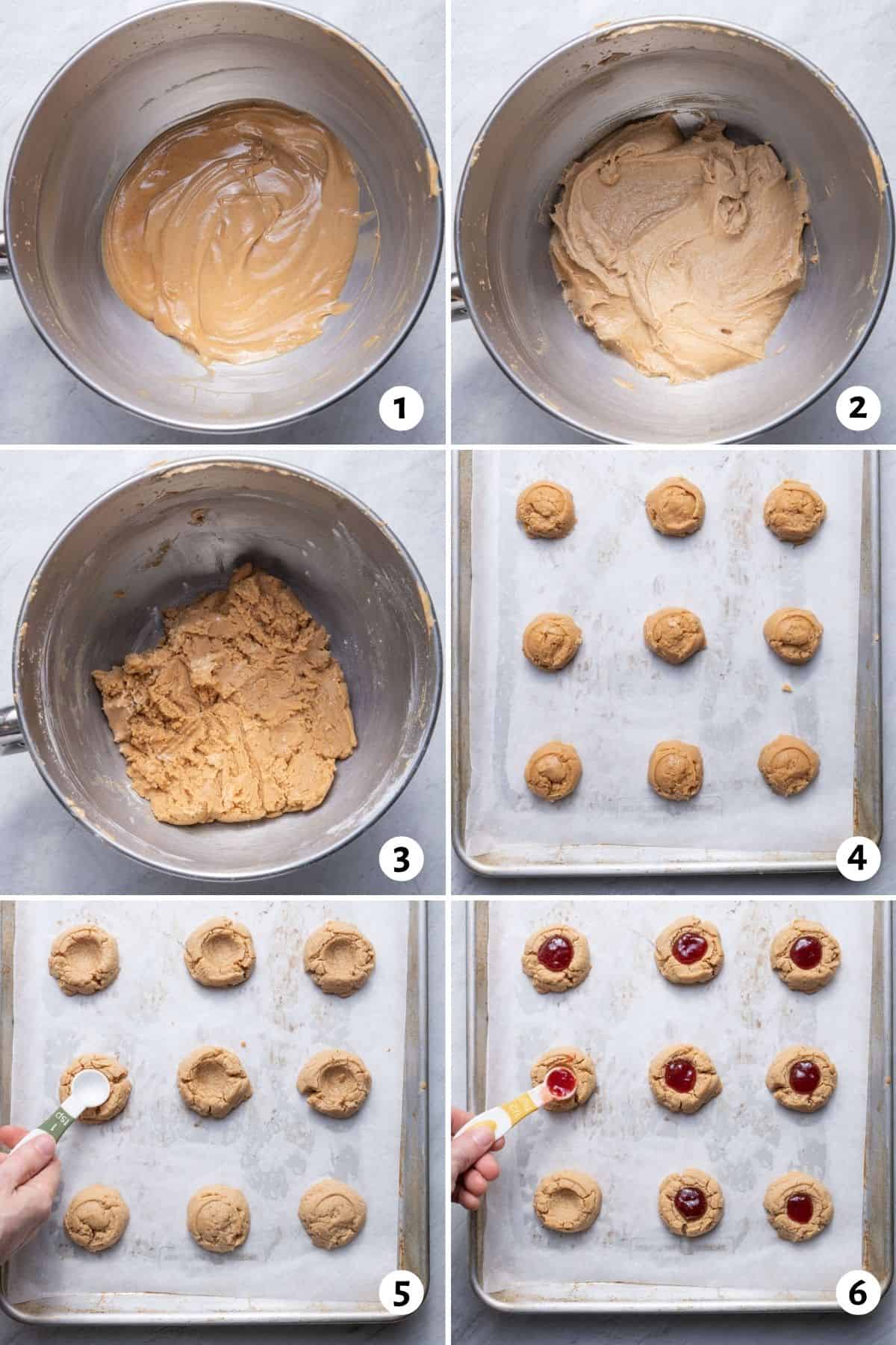 6 image collage to show how to make the batter, and then how to form into cookie balls and bake