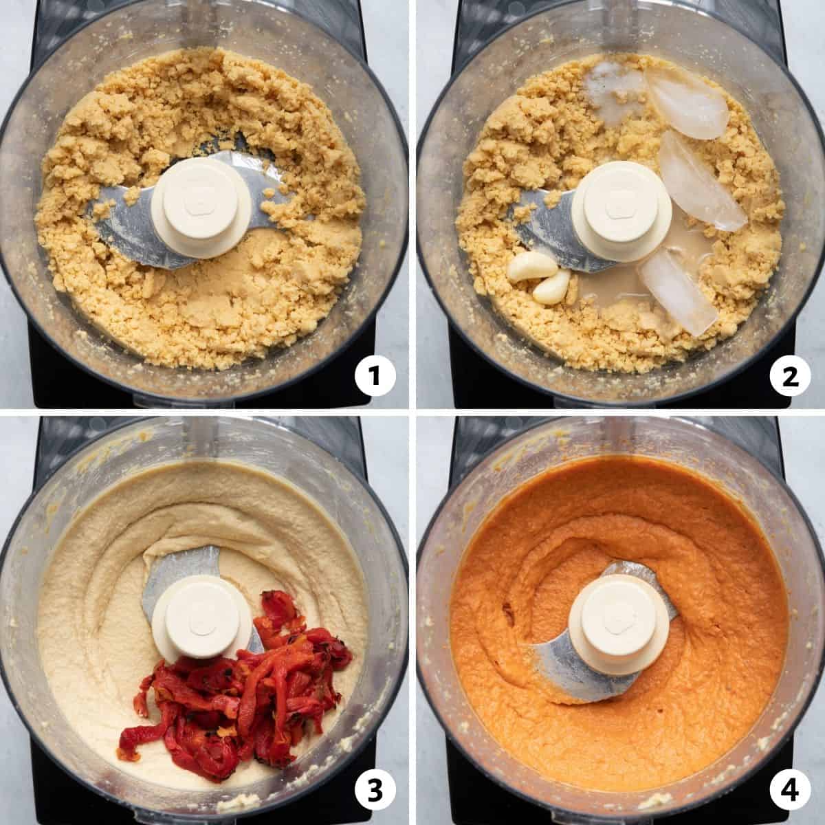 4 image collage to show how to make the hummus recipe with roasted red peppers