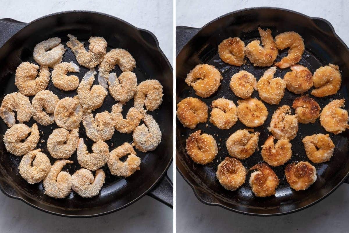 2 image collage to show the shrimp before and after cooked