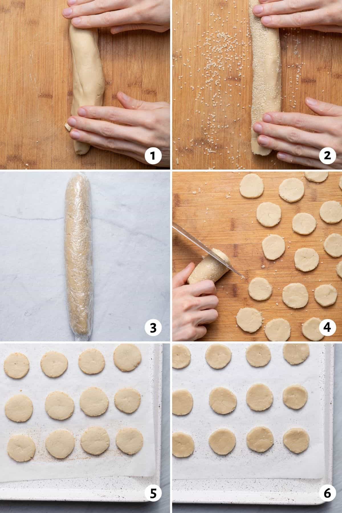 6 image collage to show how to roll the batter into a log and cut into discs