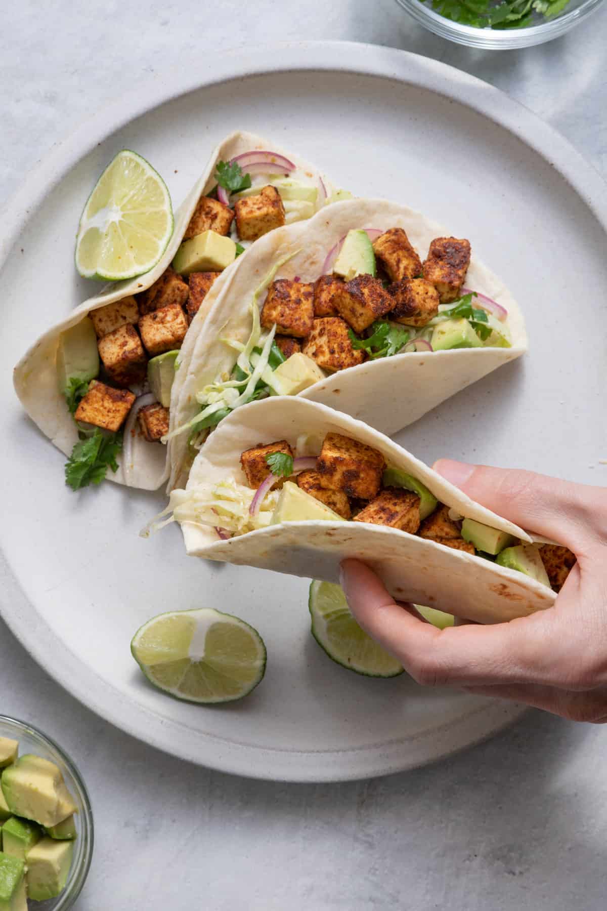 Hand holding one of the tofu tacos