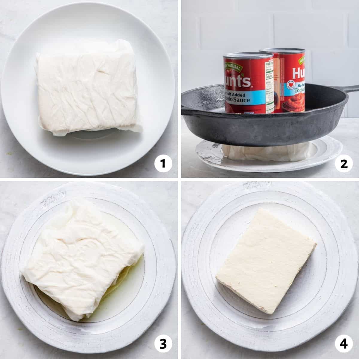 4 image collage to show how to press tofu
