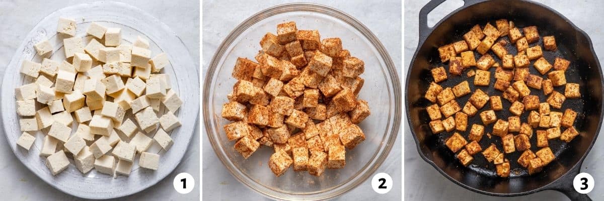 3 image collage to show how to cut, season and cook tofu cubes for tacos