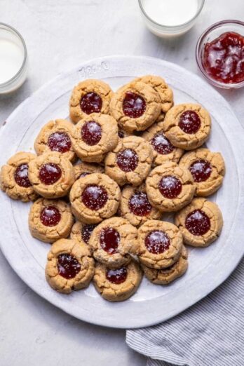 Plate of the peanut butter jam thumbprint cookies