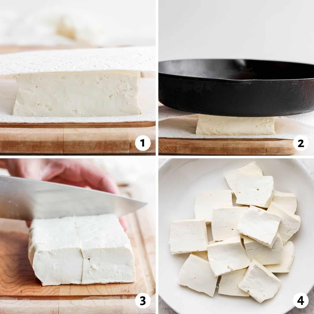 4 image collage to show how to dry the tofu before baking it