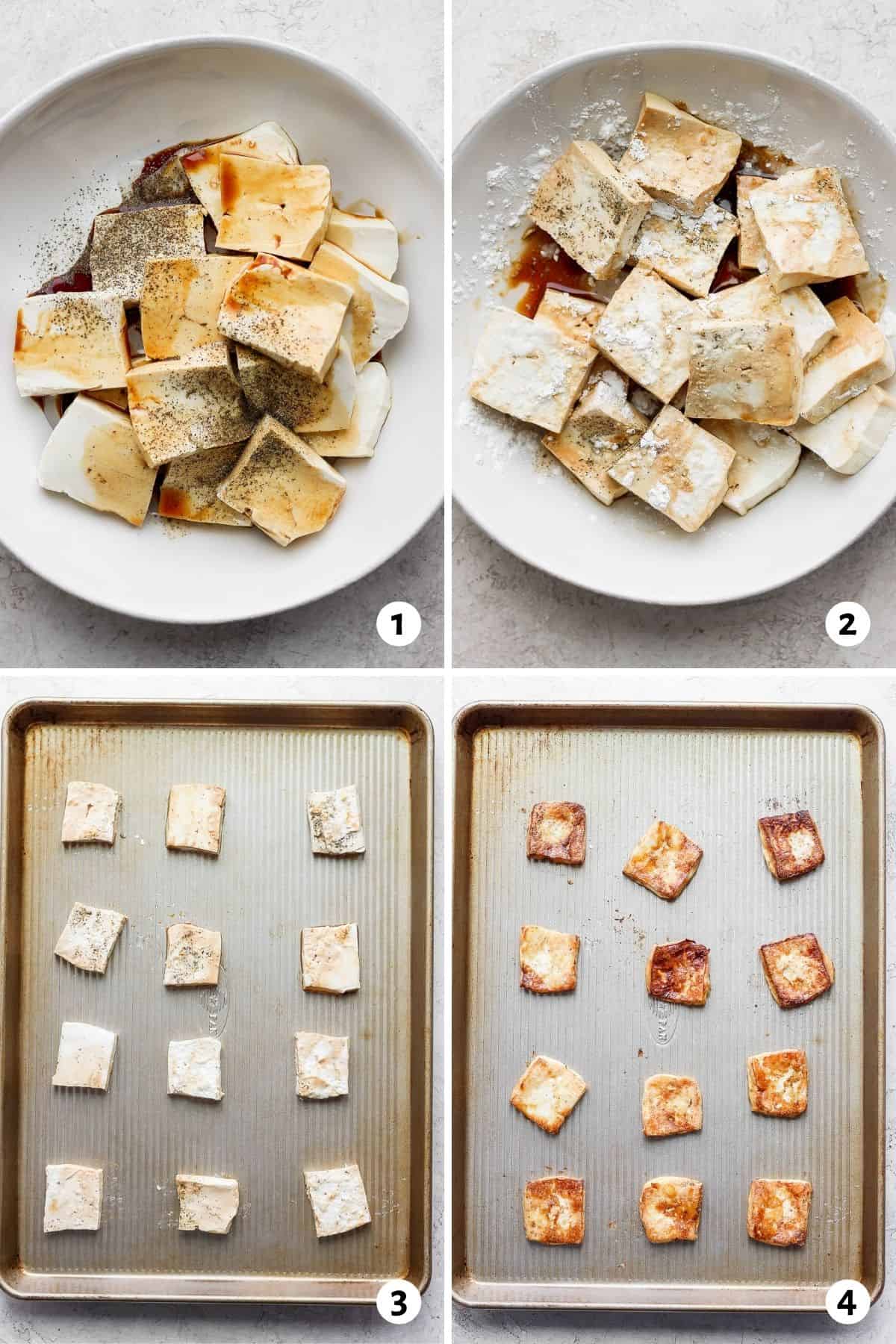 4 image collage to show how to season the tofu and then bake it