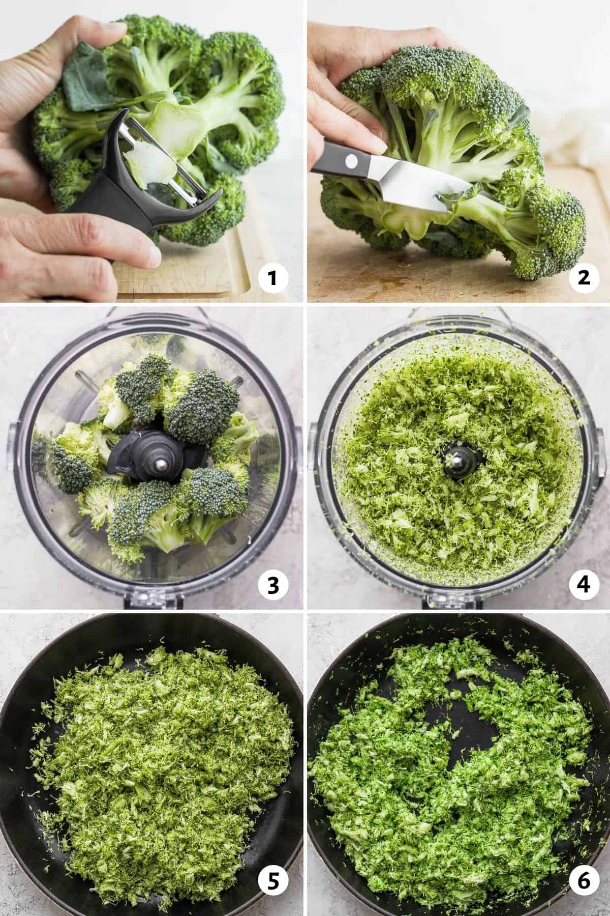 6 image collage to show how to make broccoli rice