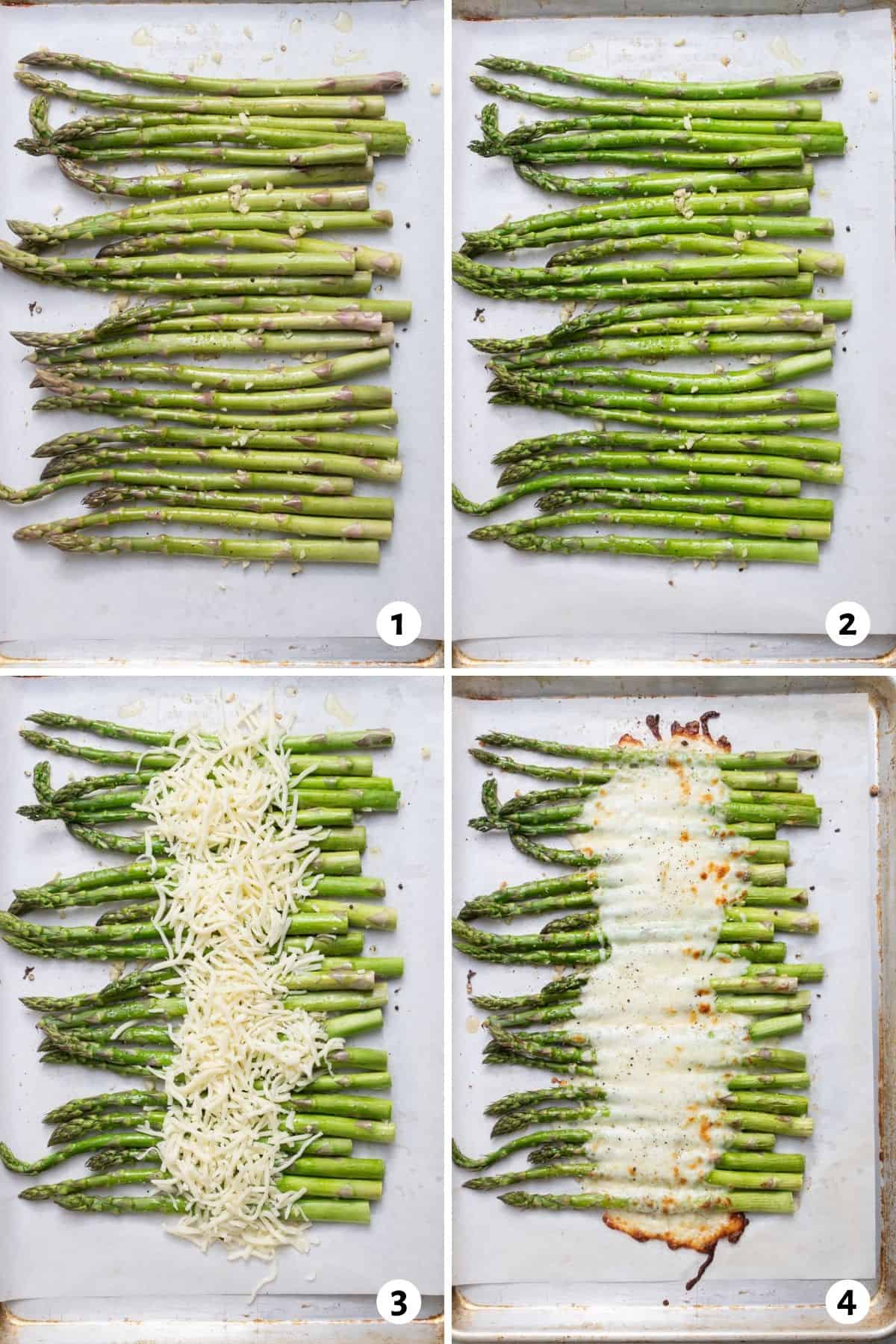 4 image collage to show the asparagus on parchment paper, then seasoned, then with cheese on top and then after roasting