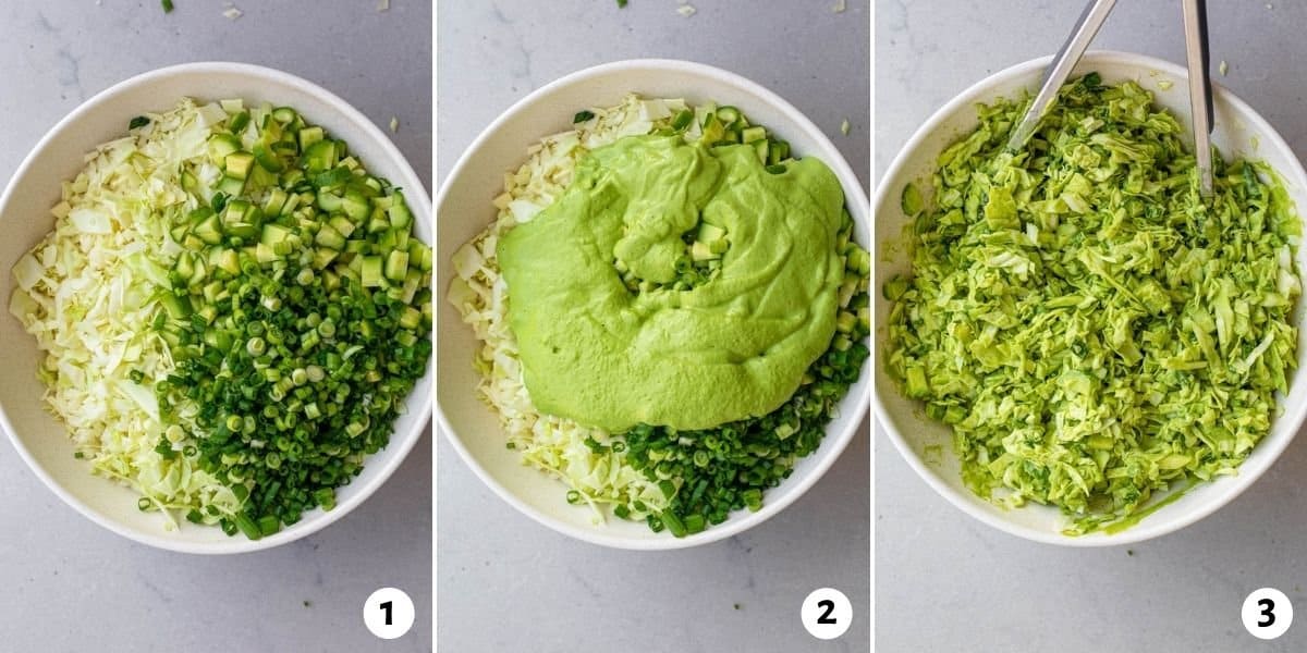 3 image collage to show the salad ingredients, then the dressing added on top, then the salad getting tossed