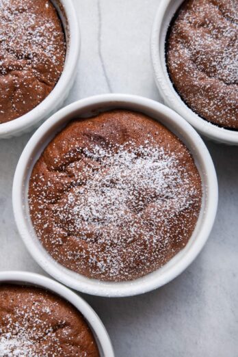 Close up shot of homemade souffle dusted with powdered sugar